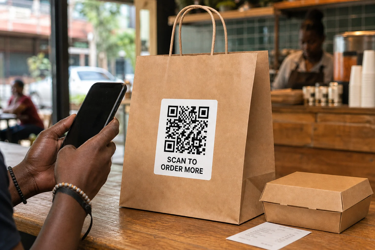 Illustrative takeaway packaging with a menu QR code beside a customer's phone